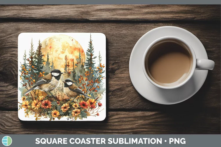 Autumn Chickadee Square Coaster Sublimation Coaster Designs