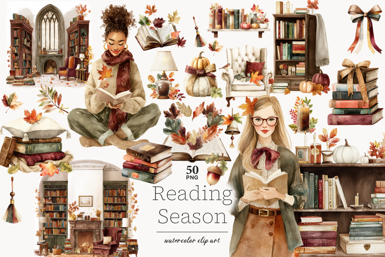 Autumn Clipart | Fall Reading PNG | Library Books Clip Art