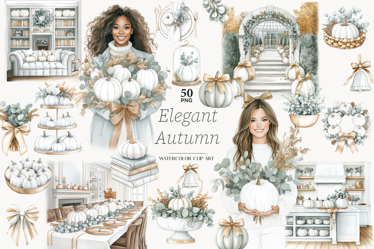 Autumn Clipart | Neutral PNG | White Pumpkin Illustrations