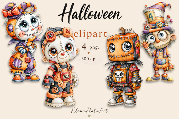 Halloween Doll Clipart PNG | Cute Patchwork Halloween