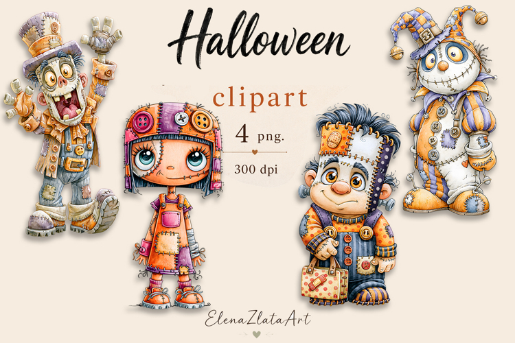 Halloween Doll Clipart PNG | Cute Patchwork Halloween