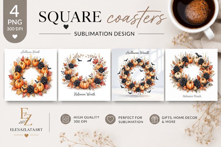 Autumn Bouquet Square Coaster PNG | Fall Floral Sublimation