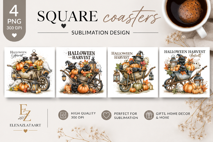 Black Cat Halloween Square Coaster PNG| Fantasy Pumpkin