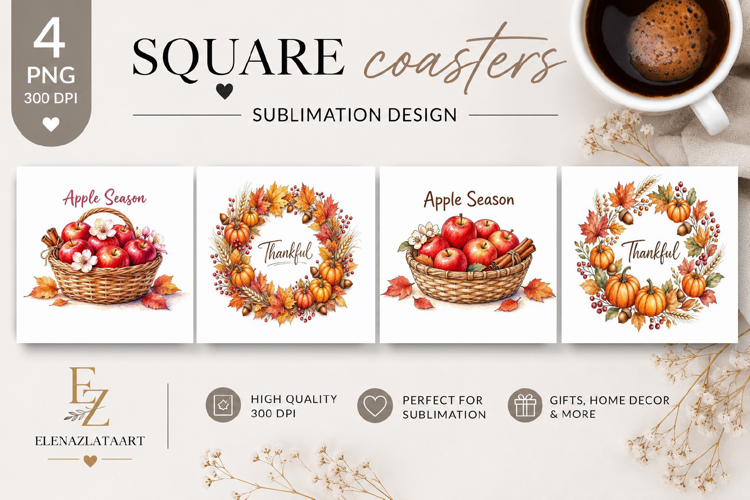 Autumn Pumpkin Square Coaster PNG | Fall Pumpkin Sublimation