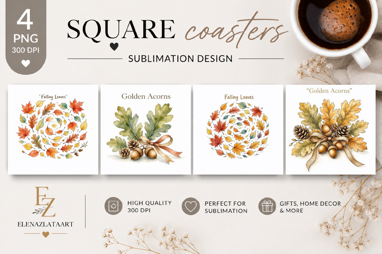 Autumn Bouquet Square Coaster PNG | Fall Floral Sublimation