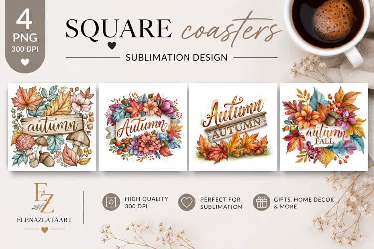 Autumn Bouquet Square Coaster PNG | Fall Floral Sublimation