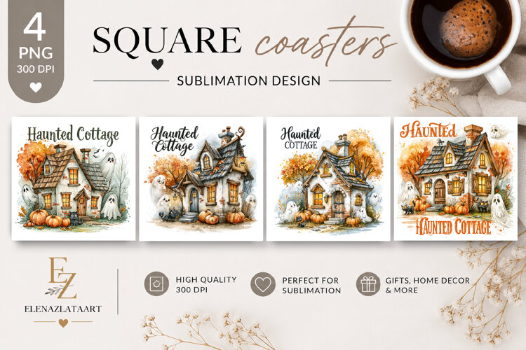 Haunted Cottage Square Coaster PNG | Halloween House example image 1