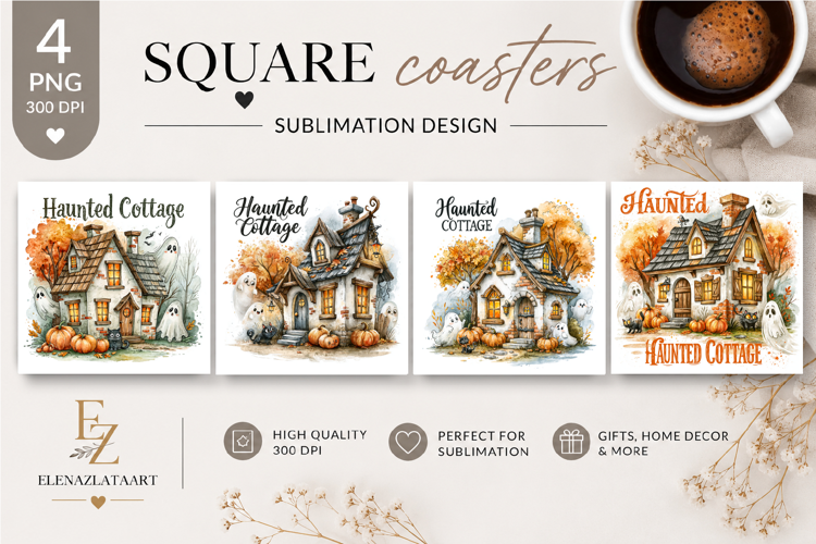 Haunted Cottage Square Coaster PNG | Halloween House