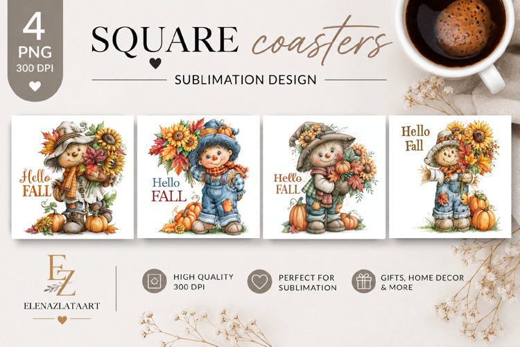 Hello Fall Scarecrow Square Coaster PNG | Autumn Scarecrow
