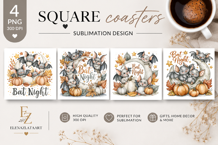 Cute Bat Halloween Square Coaster PNG| Fantasy Pumpkin
