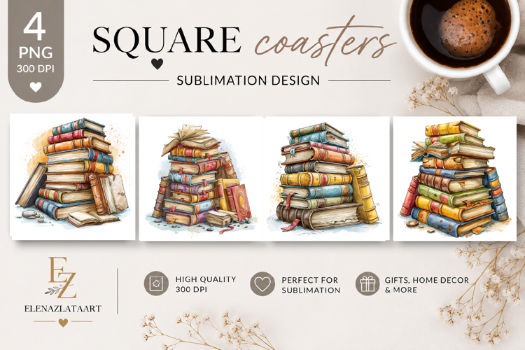 Vintage Books Square Coaster PNG | Antique Book Stack