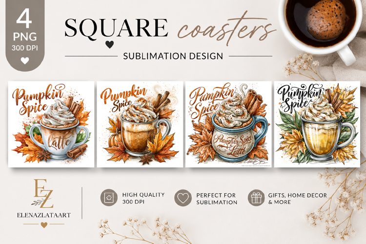Pumpkin Spice Latte Square Coaster PNG | Autumn Coffee
