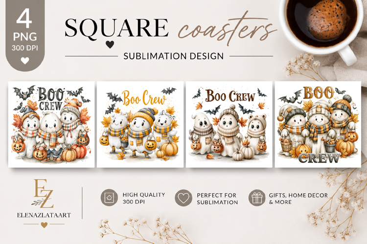 Cute Ghost Halloween Square Coaster PNG | Spooky Season