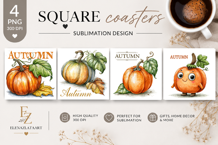 Autumn Pumpkin Square Coaster PNG | Fall Pumpkin Sublimation