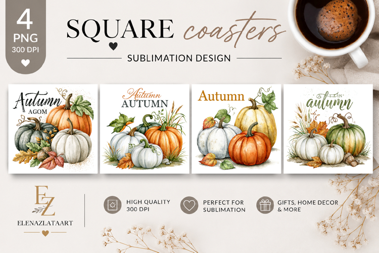 Autumn Pumpkin Square Coaster PNG | Fall Pumpkin Sublimation