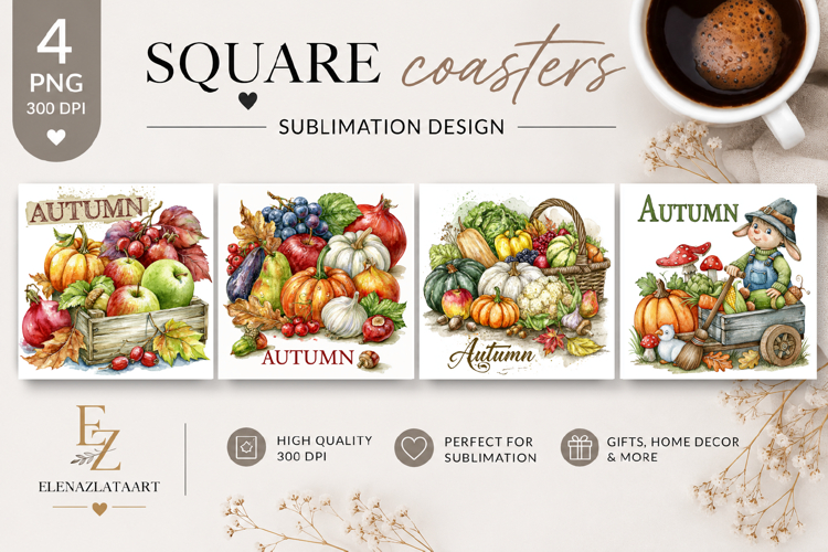 Autumn Pumpkin Square Coaster PNG | Fall Pumpkin Sublimation