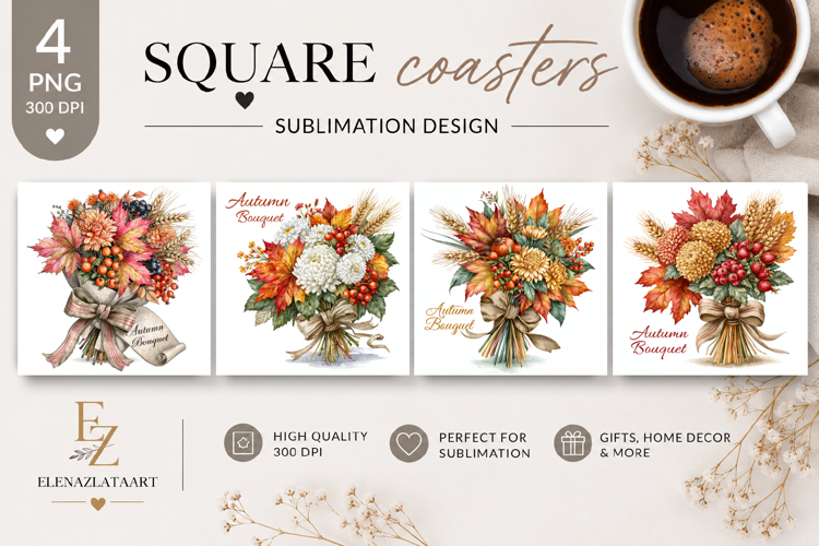 Autumn Bouquet Square Coaster PNG | Fall Floral Sublimation