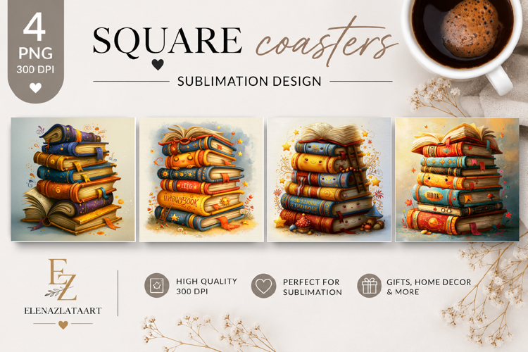Vintage Books Square Coaster PNG | Antique Book Stack
