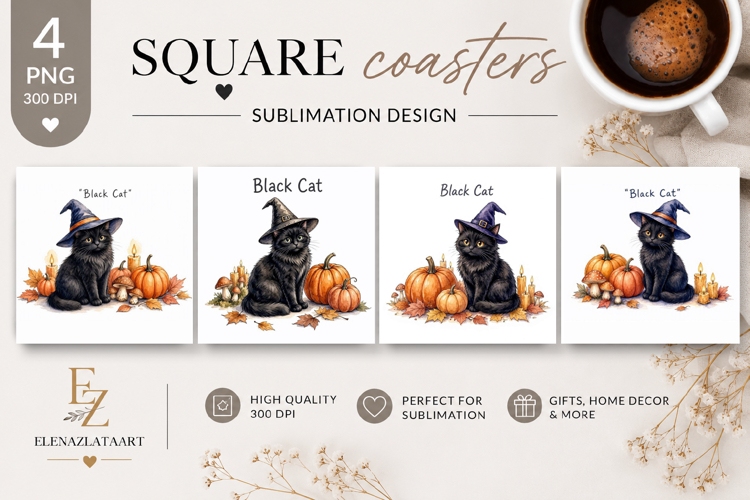 Black Cat Halloween Square Coaster PNG| Fantasy Pumpkin