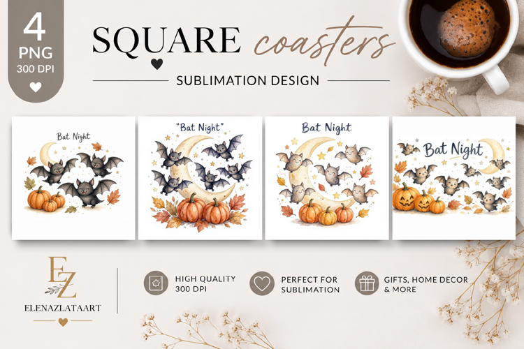 Cute Bat Halloween Square Coaster PNG| Fantasy Pumpkin