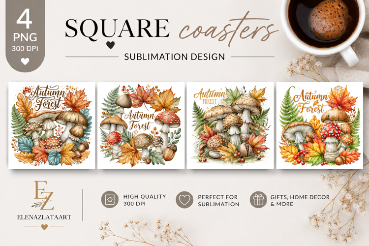Autumn Forest Mushroom Square Coaster PNG | Fall Woodland