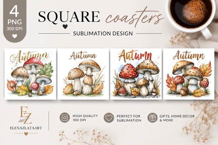 Autumn Forest Mushroom Square Coaster PNG | Fall Woodland