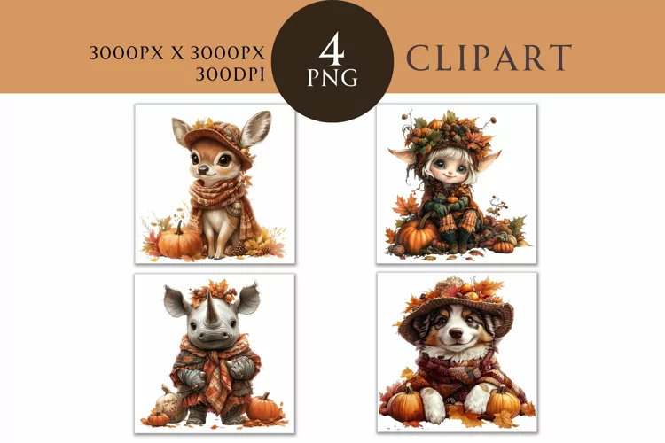 Autumn Cute Animals Watercolor Clipart PNG
