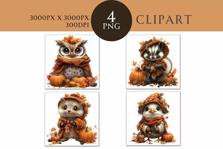 Autumn Cute Animals Watercolor Clipart PNG