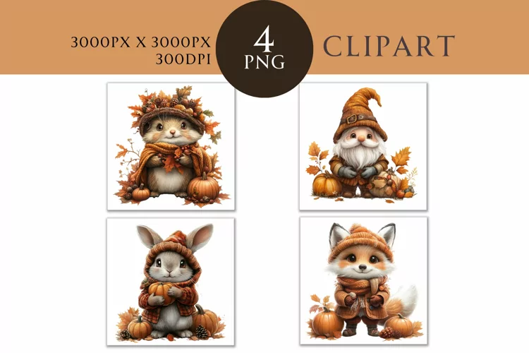 Autumn Cute Animals Watercolor Clipart PNG