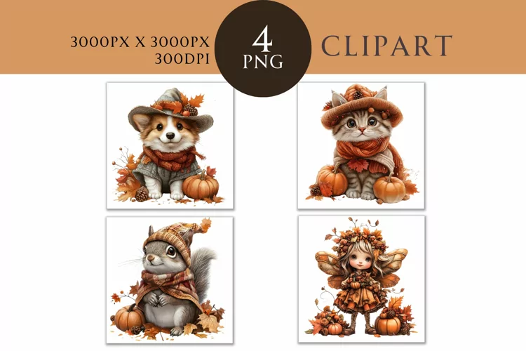 Autumn Cute Animals Watercolor Clipart PNG