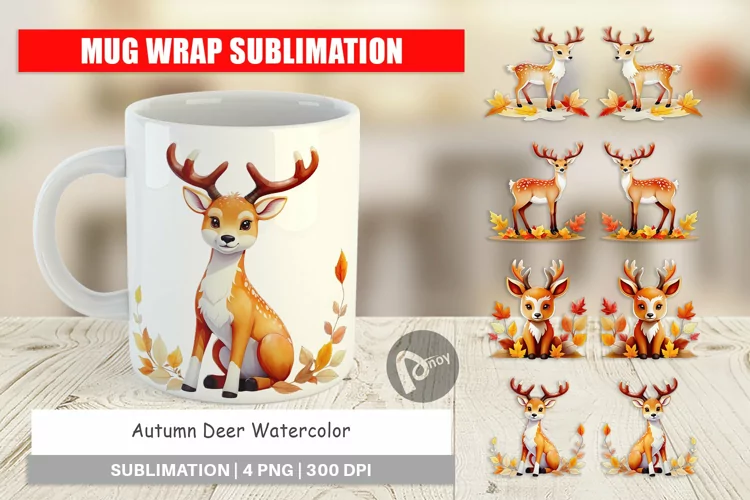 Mug Wrap Design Autumn Deer Watercolor