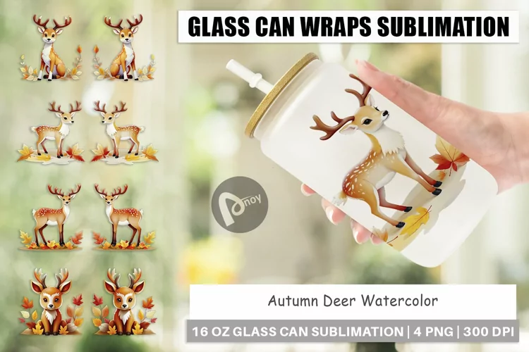 Glass Can Wraps Autumn Deer Watercolor