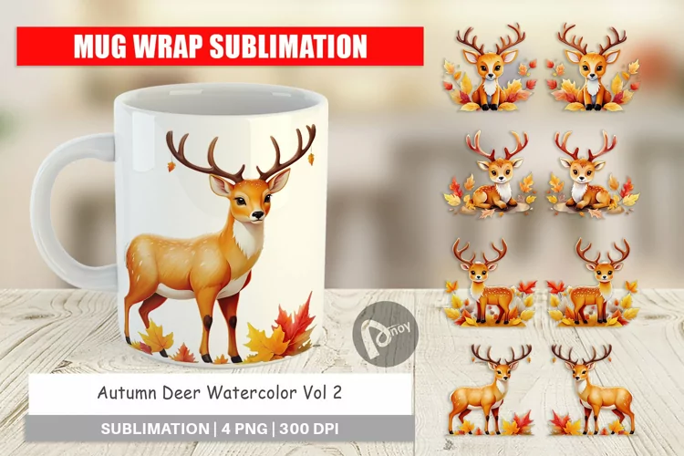 Mug Wrap Design Autumn Deer Watercolor