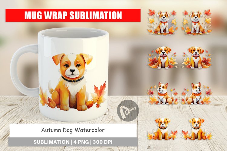 Mug Wrap Design Autumn Dog Watercolor example image 1