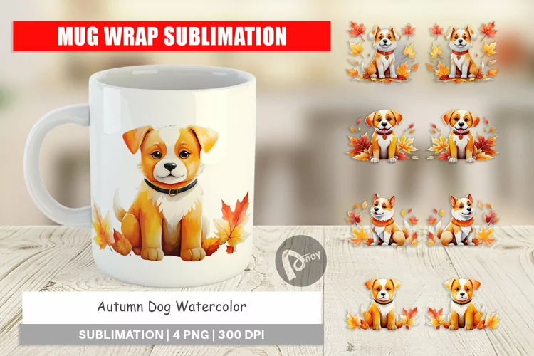 Mug Wrap Design Autumn Dog Watercolor