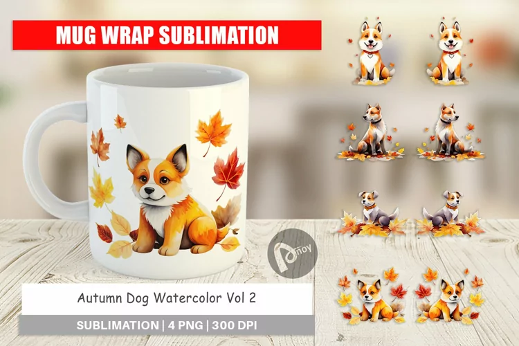 Mug Wrap Design Autumn Dog Watercolor