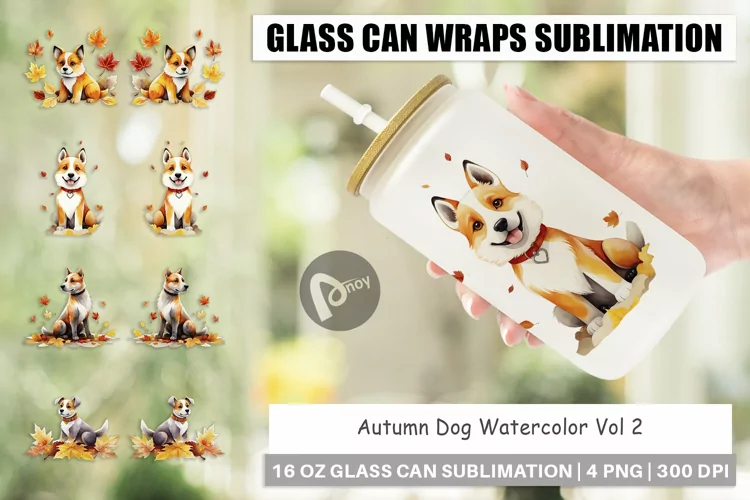 Glass Can Wraps Autumn Dog Watercolor