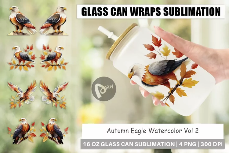 Glass Can Wraps Autumn Eagle Watercolor