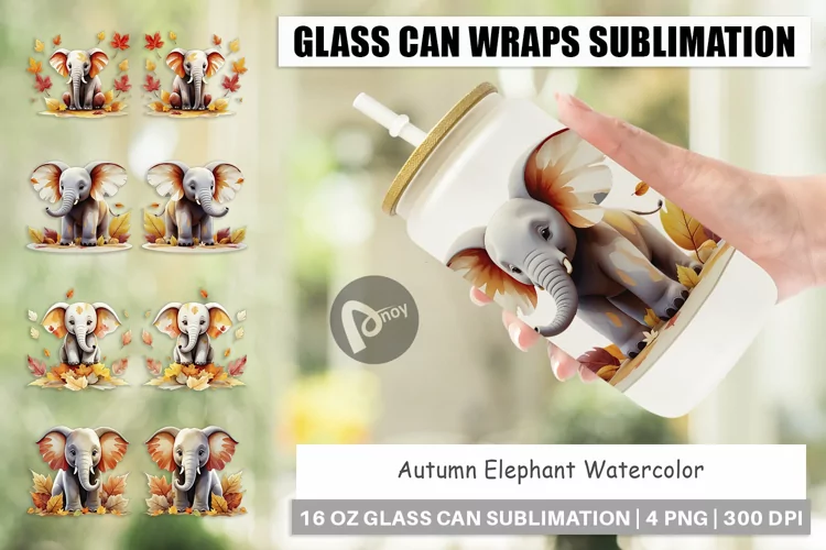 Glass Can Wraps Autumn Elephant Watercolor