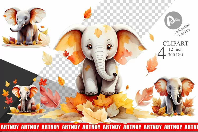 Autumn Elephant Watercolor Clipart