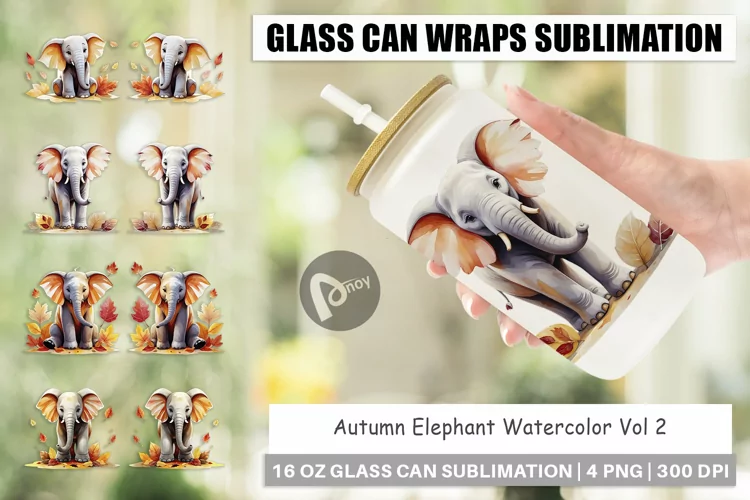 Glass Can Wraps Autumn Elephant Watercolor