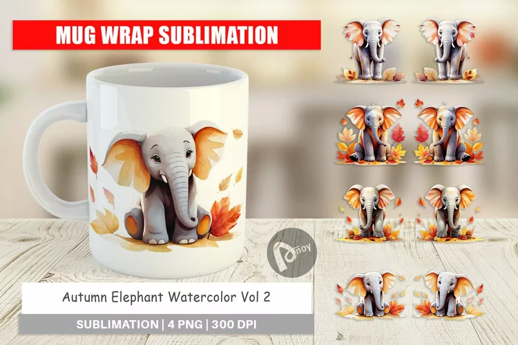 Mug Wrap Design Autumn Elephant Watercolor
