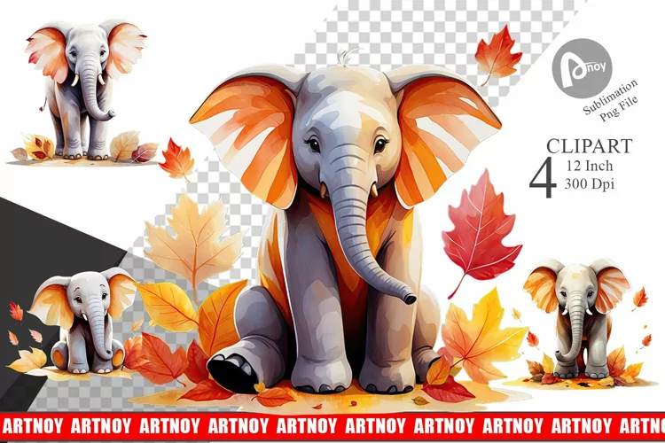 Autumn Elephant Watercolor Clipart
