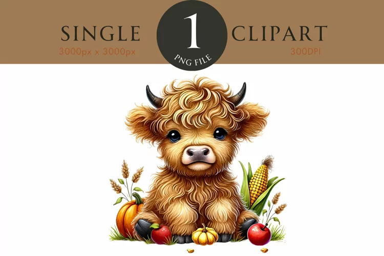 Autumn Fall Highland Cow Watercolor PNG