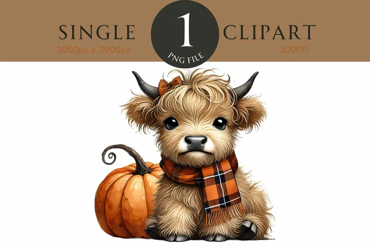 Autumn Fall Highland Cow Watercolor PNG