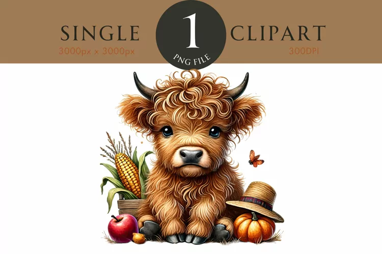 Autumn Fall Highland Cow Watercolor PNG