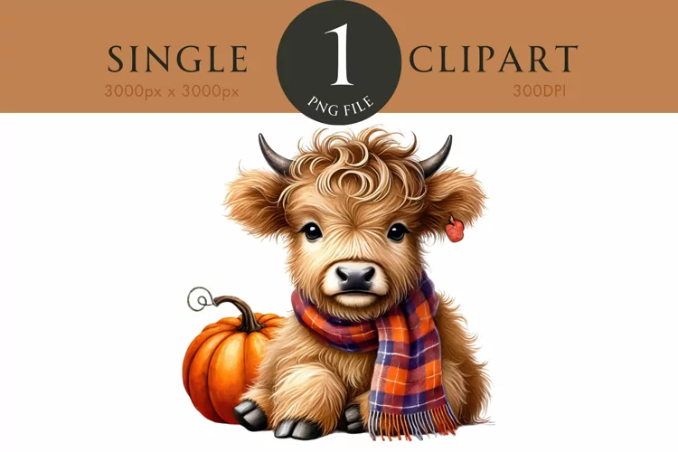 Autumn Fall Highland Cow Watercolor PNG
