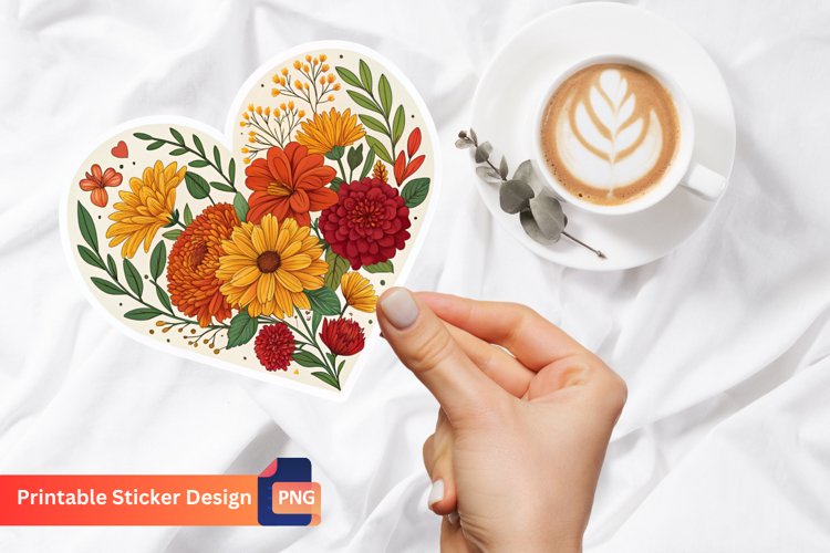 Autumn Floral Heart Sticker, Autumn Themed Sticker