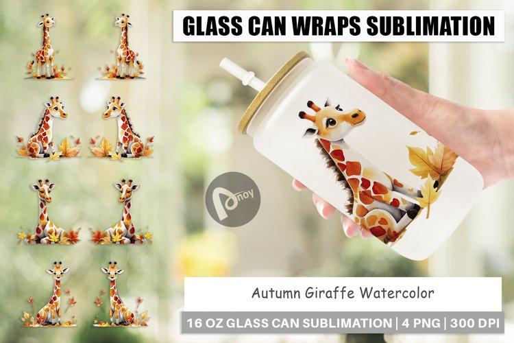 Glass Can Wraps Autumn Giraffe Watercolor example image 1