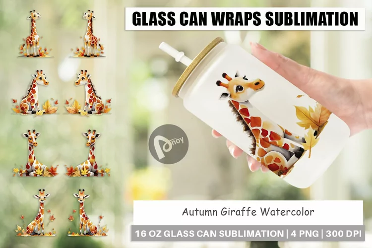 Glass Can Wraps Autumn Giraffe Watercolor